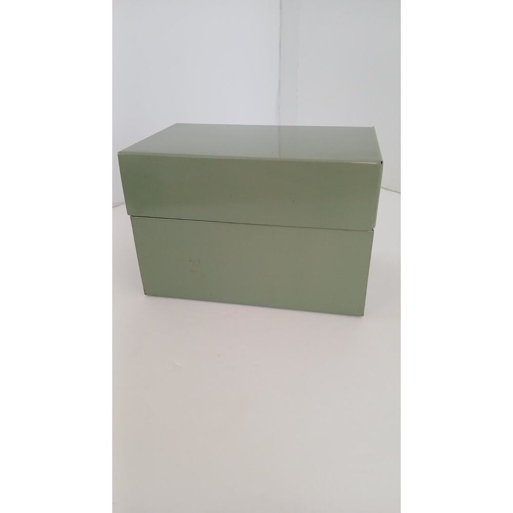 VINTAGE SYNDICATE MFG= METAL INDEX CARD HOLDER - GREEN / GREY Holds 3x5 Cards
